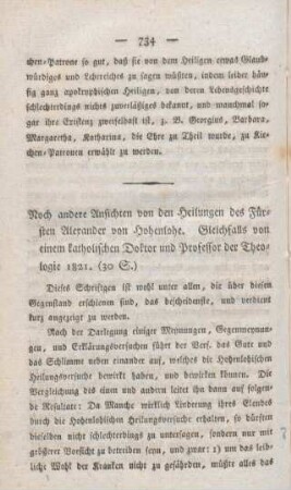 734-736 [Rezension] Noch andere Ansichten von den Heilungen des Fürsten Alexander von Hohenlohe