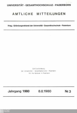 Schlüsselordnung der Universität-Gesamthochschule Paderborn für die Gebäude in Paderborn : 8.8.1980