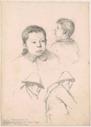 Vier Köpfe (zwei davon zeigen Josef Hegenbarth als Kind)