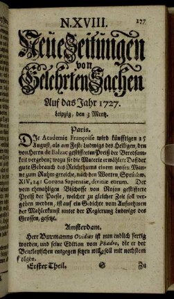 N. XVIII. Leipzig, den 3 Mertz. - N. XXVI. Leipzig, den 31 Mertz.