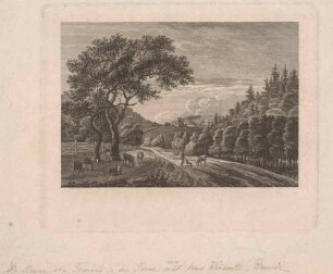 Blick aus dem Süden durch das Weißeritztal auf die Tharandter Burgruine, aus: Becker, Der Plauische Grund, 1799; Zustand vor der Schrift