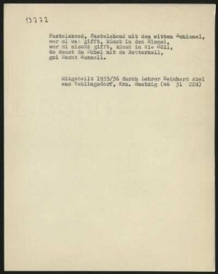 Fastelabend, Fastelabend mit dem witten Schimmel,