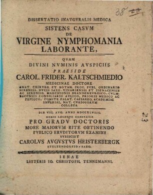 Dissertatio Inavgvralis Medica Sistens Casvm De Virgine Nymphomania Laborante