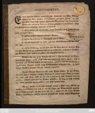 Avertissement : [Leipzig, am 9. October 1766.]