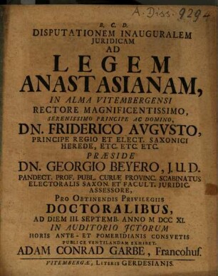 Disputationem inauguralem iuridicam ad legem Anastasianam