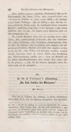 468-470 Zu Dr. G. Volkmar's Abhandlung: "Die Zeit Justin's des Märtyrers"