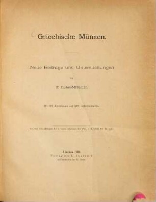 Griechische Münzen : neue Beiträge und Untersuchungen