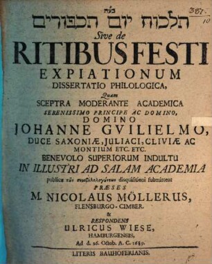 Hilḵôt yôm hak-kippûrîm sive de ritibus festi expiationum dissertatio philologica