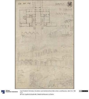 Grundriss und mehrere Ansichten eines Landhauses