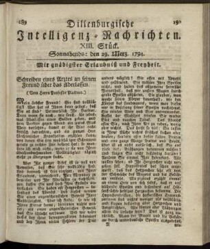 XIII. Stück. Sonnabends: den 29. Merz 1794.