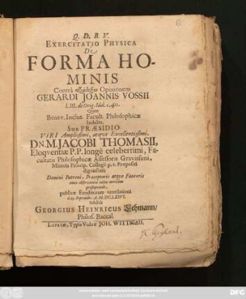 Exercitatio Physica De Forma Hominis Contra paradoxon Opinionem Gerardi Joannis Vossii I. III. de Orig. Idol. c. 40.