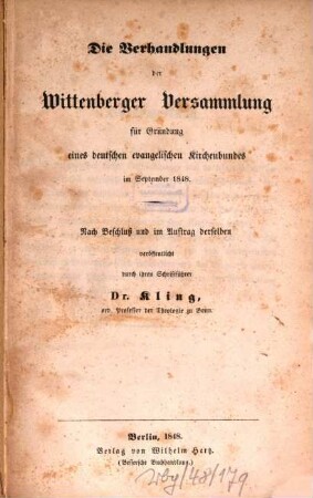 Verhandlungen des ... Deutschen Evangelischen Kirchentages. 1. 1848
