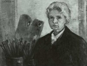 Selbstbildnis Hildegard Böhme : Böhme, Hildegard: Selbstbildnis mit Palette. Öl/Lw., 65 x 84 cm. 1966. Eigentum der Künstlerin