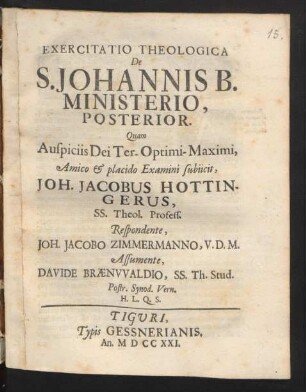 Exercitatio Theologica De S. Johannis B. Ministerio, Posterior