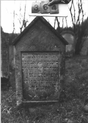 Grabstein 364 (Index: 99609088) Material: Sandstein Zustand: leicht verwittert Maße HxBxT: 87x53x12 cm Beschreibung: Stele, Giebel, Schriftfeld eingetieft: Grabstein 364