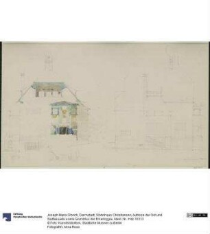 Darmstadt, Wohnhaus Christiansen, Aufrisse der Ost und Südfassade sowie Grundriss der Erkerloggia