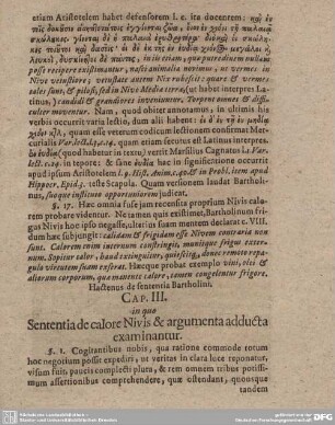 CAP. III. in quo Sententia de calore Nivis & argumenta adducta examinantur.
