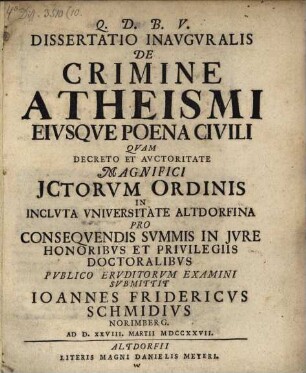 Dissertatio inauguralis de crimine atheismi eiusque poena civili