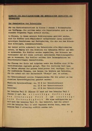 Hinweise zur organisatorischen Gestaltung des Unterrichts