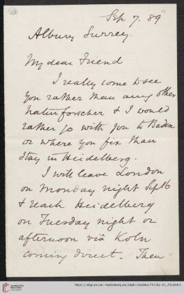 Briefe von Henry E. Roscoe an Robert Wilhelm Bunsen: Brief von Henry E. Roscoe an Robert Wilhelm Bunsen