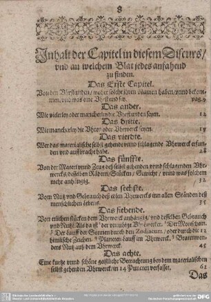 Inhalt der Capitel in diesem Discurs/ und an welchem Blat jedes anfahend zu finden.