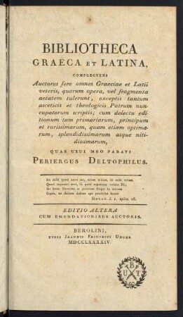 Bibliotheca Graeca et Latina, Complectens