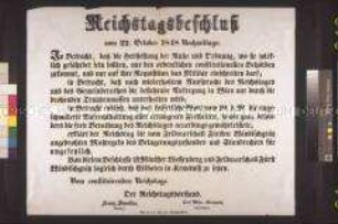 Maueranschlag: Reichstagsbeschluss vom Nachmittag des 22. Oktober 1848 über die Ungesetzlichkeit des angedrohten Belagerungszustandes; Wien, 22. Oktober 1848