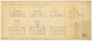 Siedlung mit Einzelhäusern und Doppelhäusern, Unterlüß: Doppelhaus Typ 21: 3 Ansichten, 1 Schnitt, Grundrisse Kellergeschoss, Erdgeschoss und Dachgeschoss 1:100