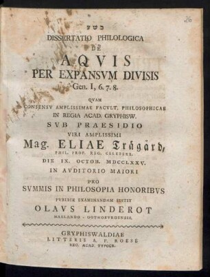 Dissertatio Philologica De Aqvis Per Expansvm Divisis Gen. I, 6. 7. 8