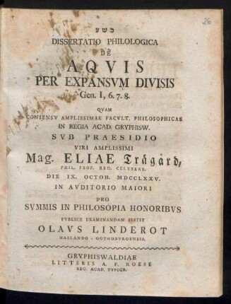 Dissertatio Philologica De Aqvis Per Expansvm Divisis Gen. I, 6. 7. 8