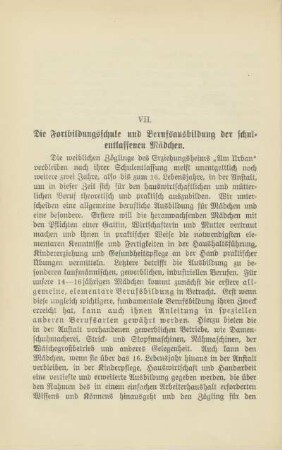 VII. Die Fortbildungsschule und Berufsausbildung der Schulentlassenen Mädchen