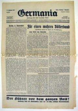 Konservative Tageszeitung "Germania" u.a. zur Haltung der Hitler-Regierung zum Völkerbund