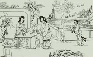 Zwei Karten spielende Chinesinnen an einem Tisch