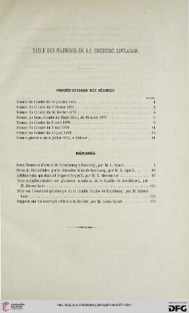 Table des matières de la première livraison