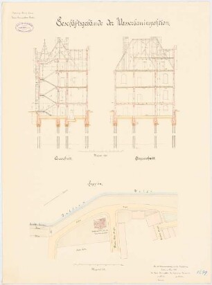 Verwaltungsgebäude der Wasserbauinspektion, Emden: Lageplan 1:500, Längsschnitt, Querschnitt 1:100