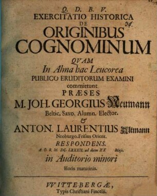 Exercitatio Historica De Originibus Cognominum