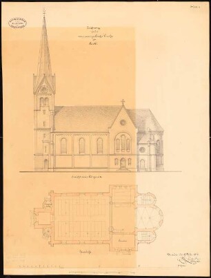 Evangelische Kirche, Laski bei Kempen 1. Projekt: Grundriss, Aufriss Längsseite, Maßstabsleisten (Meter und Fuß)
