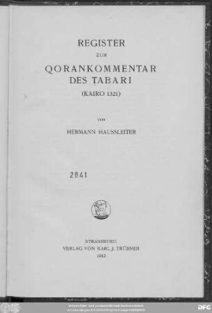 Register zum Qorankommentar des Ṭabari (Kairo 1321)