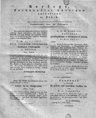 Beylage, Buchhändler Anzeigen enthaltend. 21. Stück.