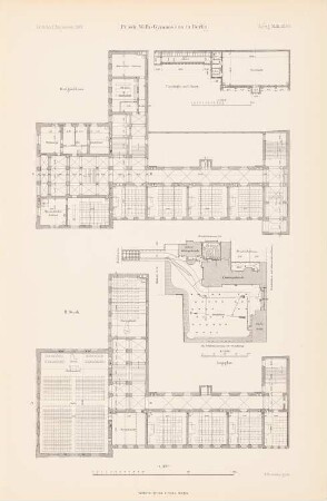 Friedrich-Wilhelm-Gymnasium, Berlin: Lageplan 1:1000, Grundrisse EG, 2.OG 1:250 (aus: Atlas zur Zeitschrift für Bauwesen, hrsg. v. Ministerium der öffentlichen Arbeiten, Jg. 43, 1893)