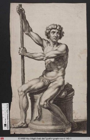 Figurenstudie eines nackten Mannes, der auf einem Podest sitzt und einen Stab in den Händen hält.