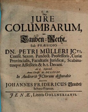De Jure Columbarum : = Von Tauben-Recht