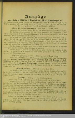 Auszüge aus einigen städtischen Regulativen, Bekanntmachungen u.