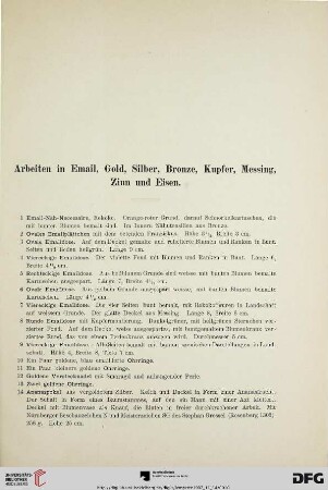 Arbeiten in Email, Gold, Silber, Bronze, Kupfer, Messing, Zinn und Eisen (Nr. 1-208)