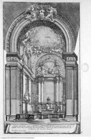 Disegni di vari altari e cappelle nelle chiese di Roma con le loro facciate fianchi piante e misure de più celebri architetti, Tafel 48: Chiesa di Gesù e Maria, Presbyterium und Hauptaltar, Ansicht