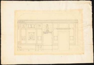 Palais Prinz Karl (Palais am Wilhelmplatz), Berlin: Aufriss Wand mit Ecksofa, ornamentierten Wand- und Deckenfriesen mit vegetabilen und Tiermotiven sowie geflügelten Genien, Kamin mit weiblicher Büste auf Aufsatz, Gemälde (Empfangszimmer der Prinzessin? Ecksofa vgl. Sievers, Johannes: Karl Friedrich Schinkel, Bauten für den Prinzen Karl von Preußen, 1942, S. 220/21)