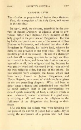 Chapter LXVII. The election as provincial of father Fray Baltasar Fort, the martyrdom of the holy Leon, and events in the province