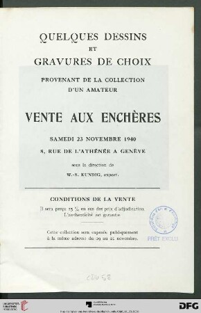 Quelques dessins et gravures de choix provenant de la collection d'un amateur : vente aux enchères, samedi 23 novembre 1940