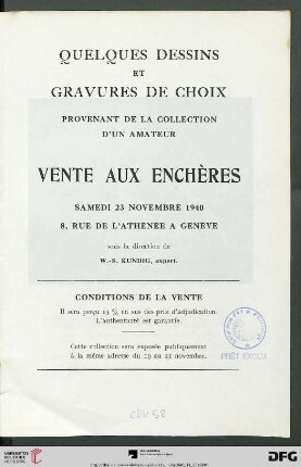 Quelques dessins et gravures de choix provenant de la collection d'un amateur : vente aux enchères, samedi 23 novembre 1940