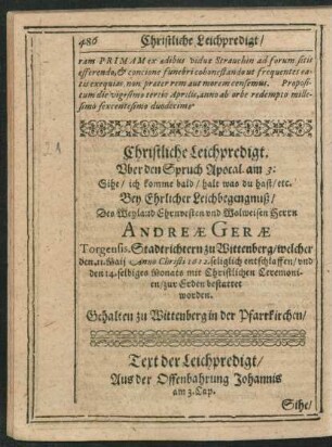 Christliche Leichpredigt. ... Andreae Gerae ...
